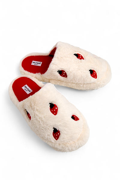 Kadın Sessiz Taban Çilek Motifli Ev Terliği