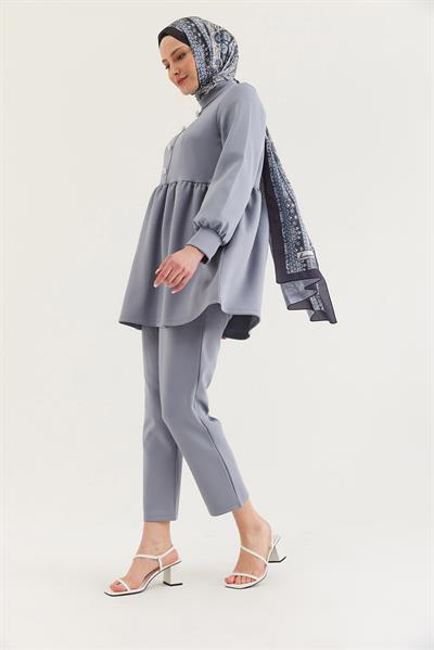 Taş Düğmeli Scuba İkili Takım Gri