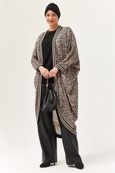 Oversize Şerit Detaylı Kimono Hırka Vizon