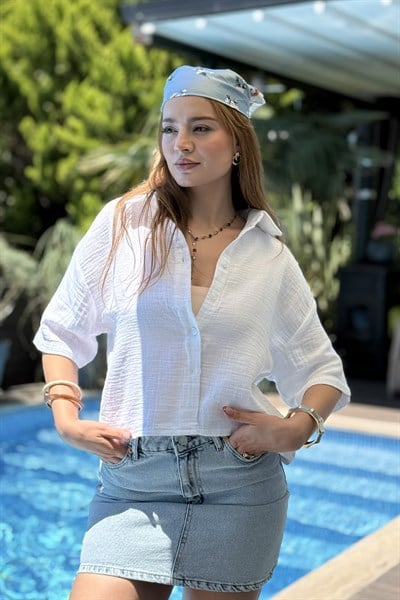 Kadın Kısa Kol Crop Gömlek Bej