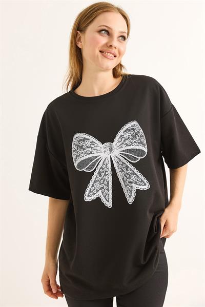 Fiyonk Baskılı Oversize Kesim Tshirt Siyah