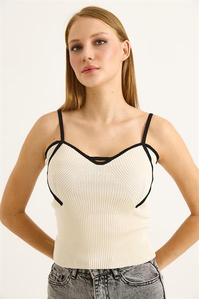 İp Askılı Kadın Triko Crop Bluz Bej