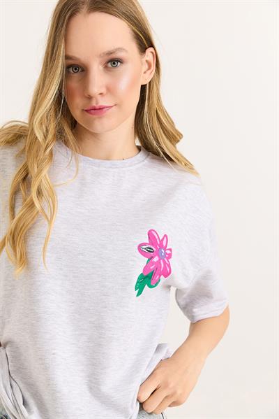 Baskılı Bisiklet Yaka Basic Tshirt Gri