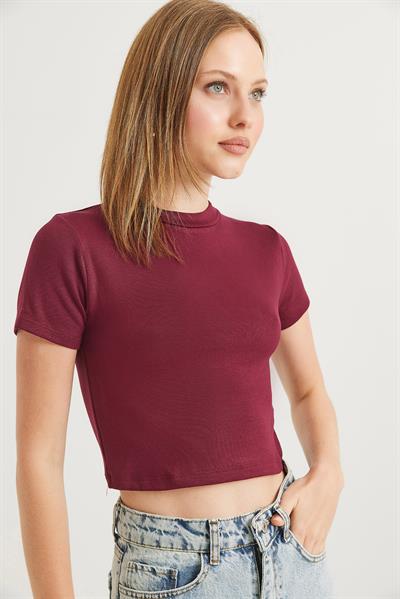 Bisiklet Yaka Esnek Crop Bluz Bordo