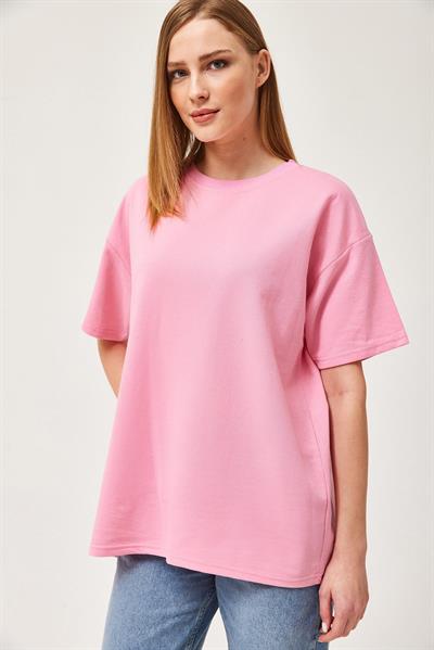 Basic Bisiklet Yaka Tshirt Pembe