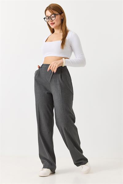 Kadın Çapraz Düğmeli Yüksek Bel Kumaş Pantolon Gri