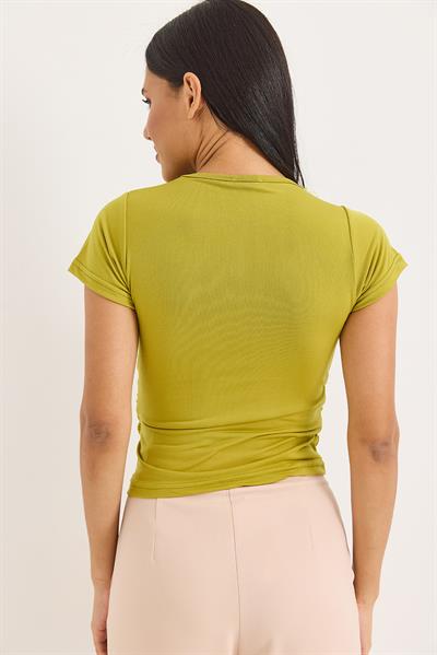 Kruvaze Yaka Çarpaz Bağlama Detaylı Bluz Yeşil