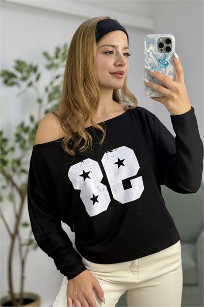 Kayık Yaka Viskon 98 Baskılı  Uzun Kollu Tshirt Siyah