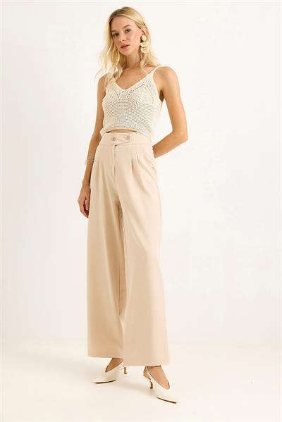 İki Düğmeli Şık Kumaş Geniş Paça  Pantalon  Bej