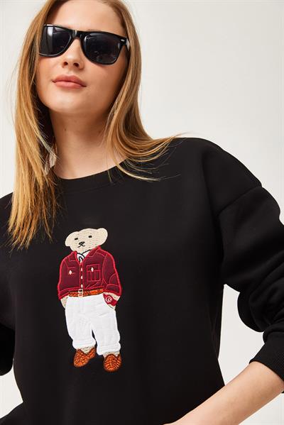 Oversize Nakışlı Sweatshirt Siyah
