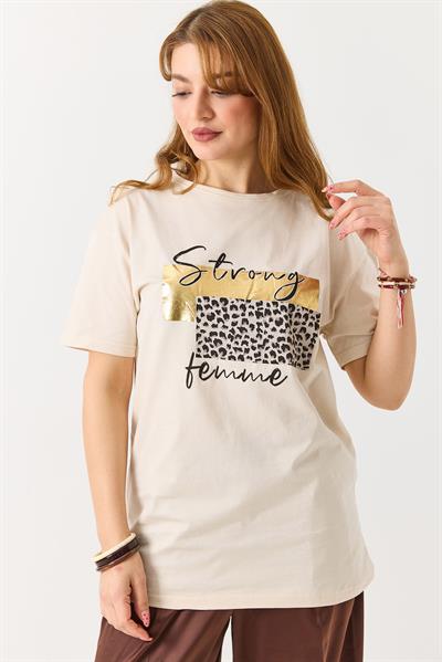Kadın Bisiklet Yaka Baskılı Kısa Kol Tshirt Krem