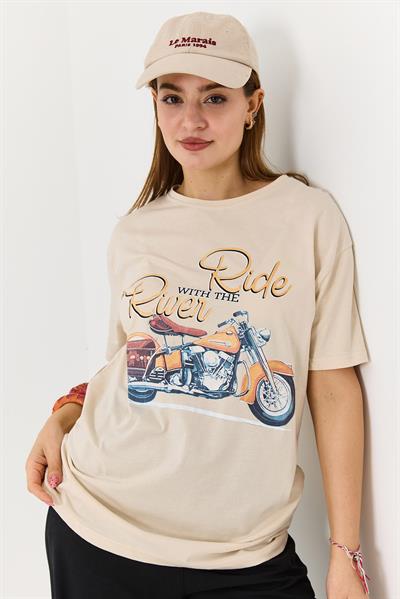 Kadın Bisiklet Yaka Motor Baskılı Tshirt Krem