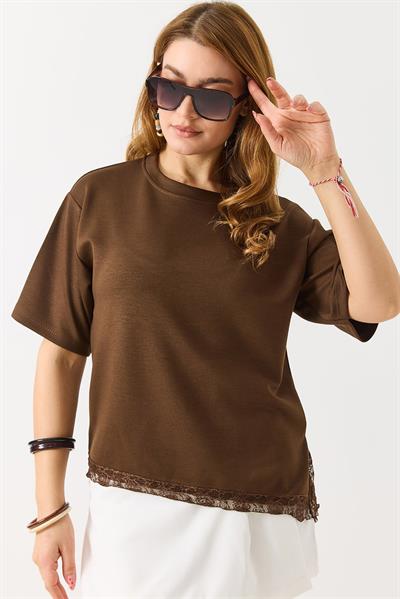 Kadın Asimetrik Dantel Detaylı Bisiklet Yaka Tshirt Kahverengi