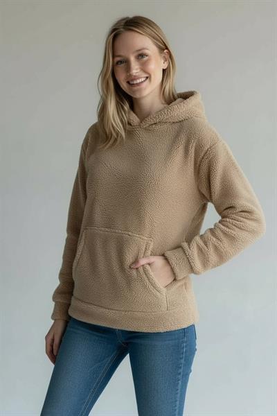 Kadın Kapüşonlu Welsoft Uzun Kollu Vizon Sweatshirt