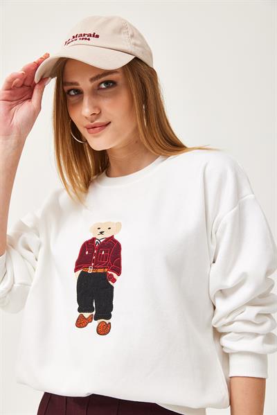 Oversize Nakışlı Sweatshirt Beyaz
