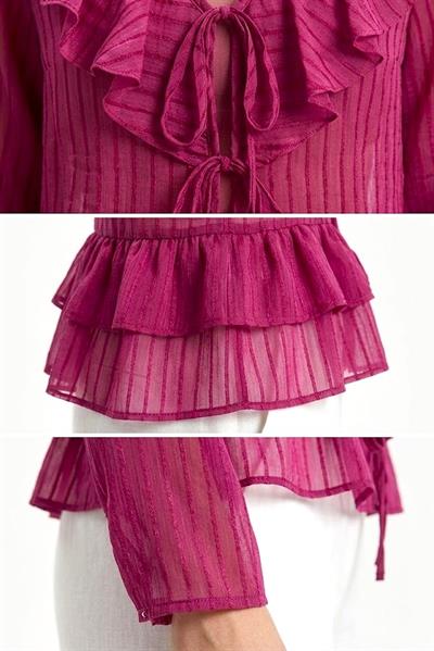 Kadın Transparan Uzun Kollu Fırfırlı Bağlamalı Bluz Pembe