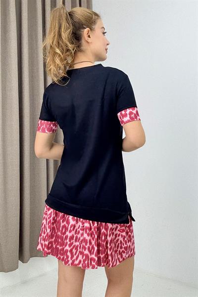 Kadın Pilise Detaylı Kısa Kollu Elbise Siyah