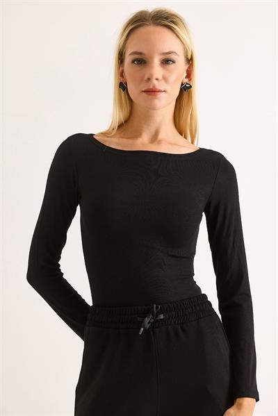 Geniş Yaka Rahat Uzun Kollu Bluz Siyah