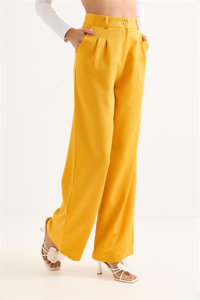 Yüksek Bel Bol Paça Pantalon Sarı