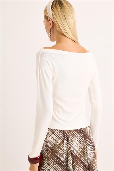 Kadın Geniş Yaka Uzun Kollu Bluz Beyaz