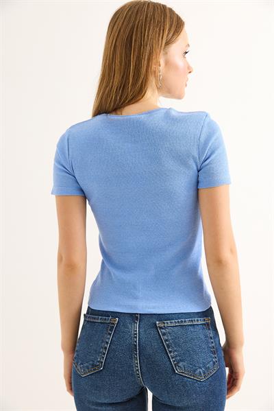 Bisiklet Yaka Kaşkorse Kadın Bluz Mavi