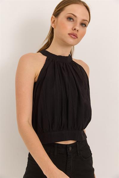 Halter Yakak Sırt Dekolteli Kuşaklı Dokuma Keten Bluz Siyah