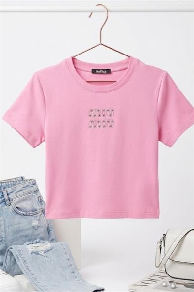 Kadın Bisiklet Yaka Kısa Kollu Crop Bluz Pembe