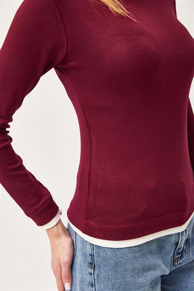 Yaka ve Etek Garnili Esnek Bluz Bordo