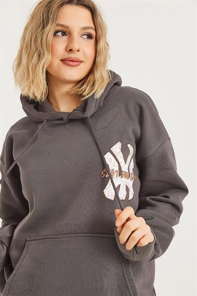Üç İplik Baskılı Kapüşonlu Sweatshirt Füme