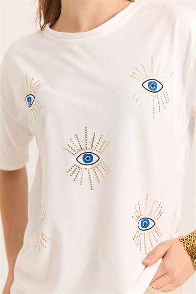 Göz İşlemeli Yumuşak Dokulu Tşhirt Beyaz