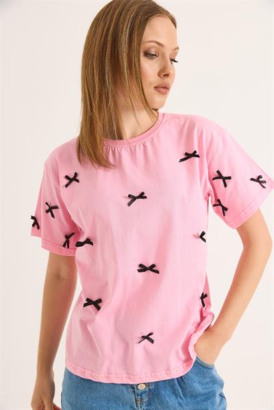 Fiyonk Detaylı Fit Pamuk Tshirt Pembe