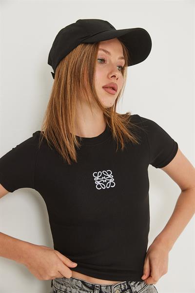 Nakışlı Kaşkorse  Crop Bluz Siyah 