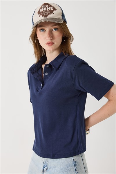 Kadın Vatkalı Polo Yaka Tshirt Lacivert