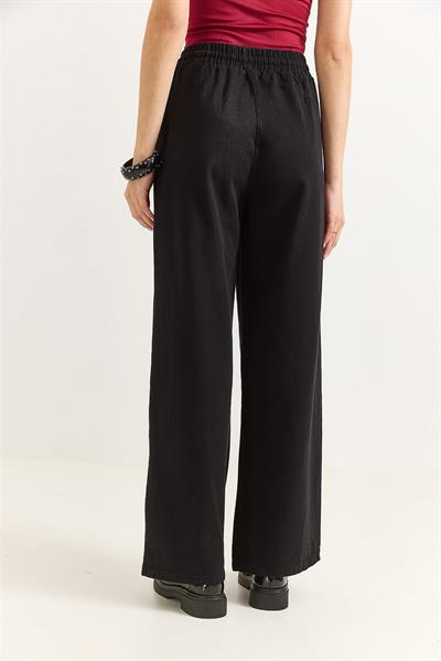 Kadın Pantalon Geniş Paça Bağcıklı  Pantalon Siyah