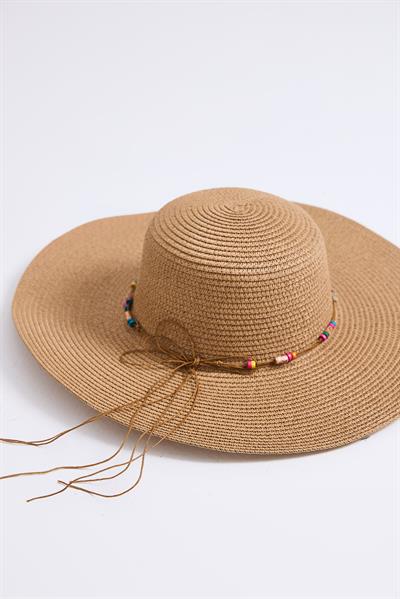 Boncuk Detaylı Hasır Kadın Plaj Havuz Çantası Vizon