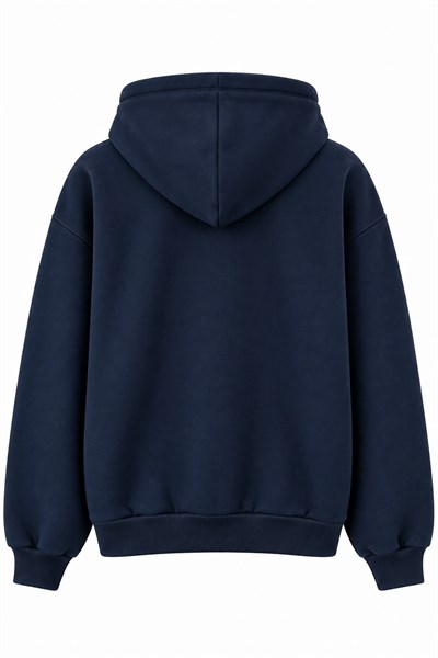 Kadın Baskılı Oversize Kapüşonlu Cep Detay Sweatshirt Lacivert