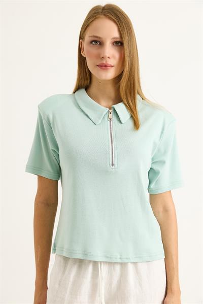 Polo Yaka Yarı Fermuarlı  Kadın Tshirt Yeşil