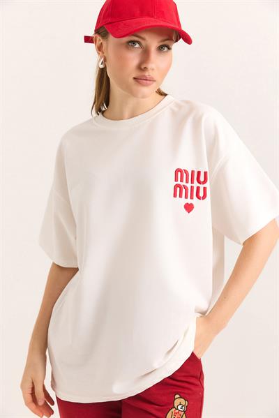 Nakış Detaylı Oversize Örme İki İp Tshirt Beyaz