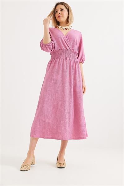 Beli Gipeli Kruvaze Yaka Midi Elbise Pembe