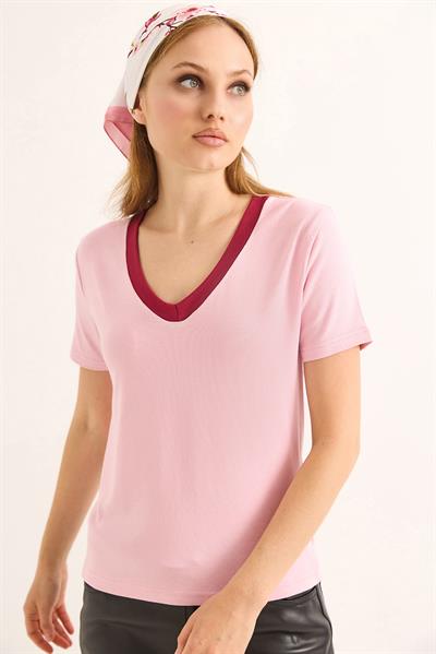V Yaka  Kısa Kollu Kadın Kısa Tshirt Pembe