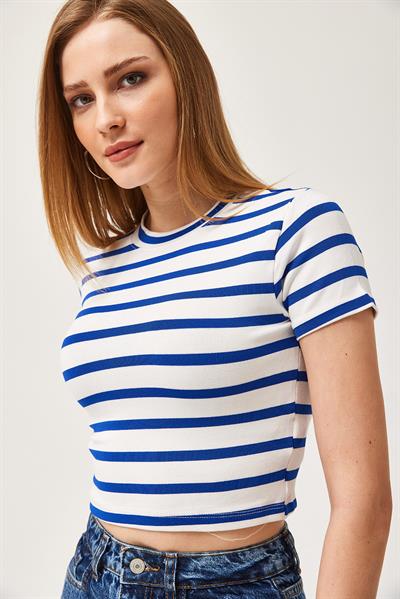 Çizgili Bisiklet Yaka Crop Bluz Mavi