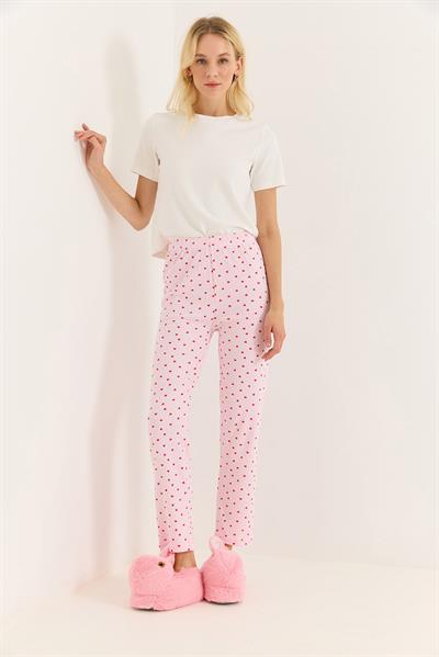 Kadın Renkli Kalp Detaylı İnterlok Pamuk Pijama Altı Pembe