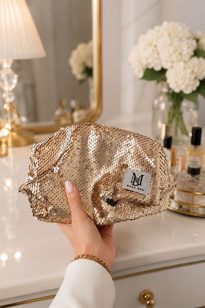 Kadın Pullu 23X13 Ölçülü Makyaj Çantası Gold