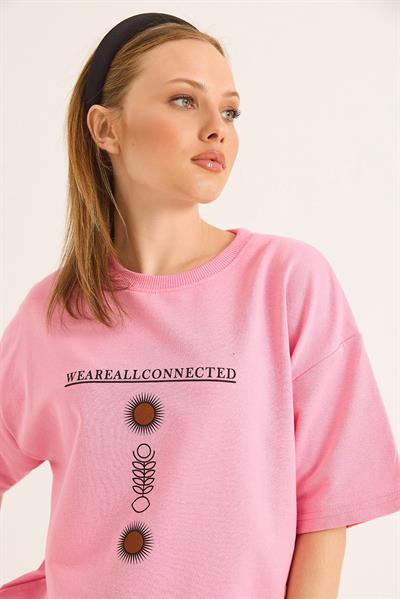 Bisiklet Yaka Kısa Kol Baskılı Tshirt Pembe
