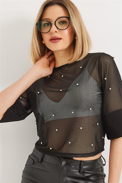 Yarım Kol Transparan Bluz Siyah