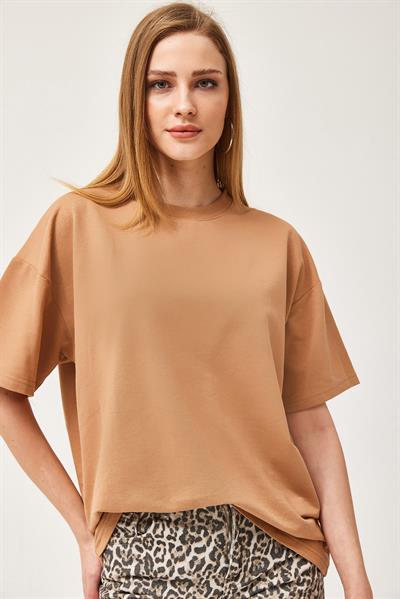 Basic Bisiklet Yaka Tshirt Bej