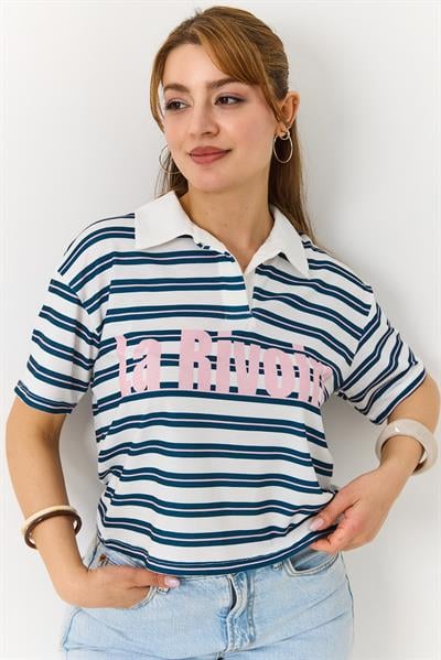 Polo Yaka Çizgili Baskılı Kısa Kollu Tshirt  İndigo