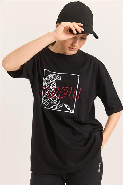 Baskı Nakış Detaylı Pamuk Süprem Rahat Kalıp Siyah Tshirt