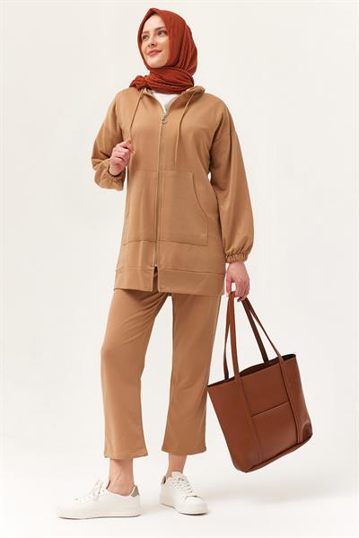 Kadın Kapüşonlu Fermuarlı İkili Takım Vizon