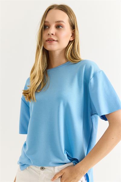 Oysh Yumuşak Dokulu Eteği Oval Modal Tshirt Açık Mavi
